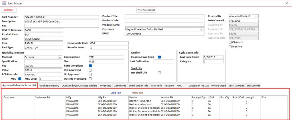 Item Data Approved Vendor List AVL AML