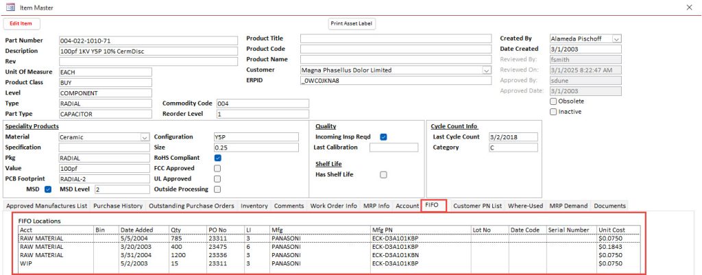 Item Data FIFO First In First Out Inventory