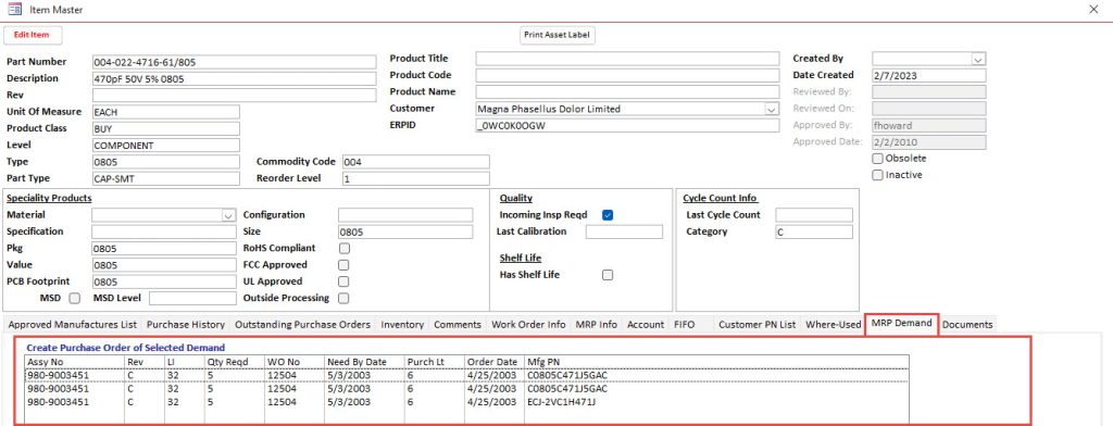 Item Data MRP Demand