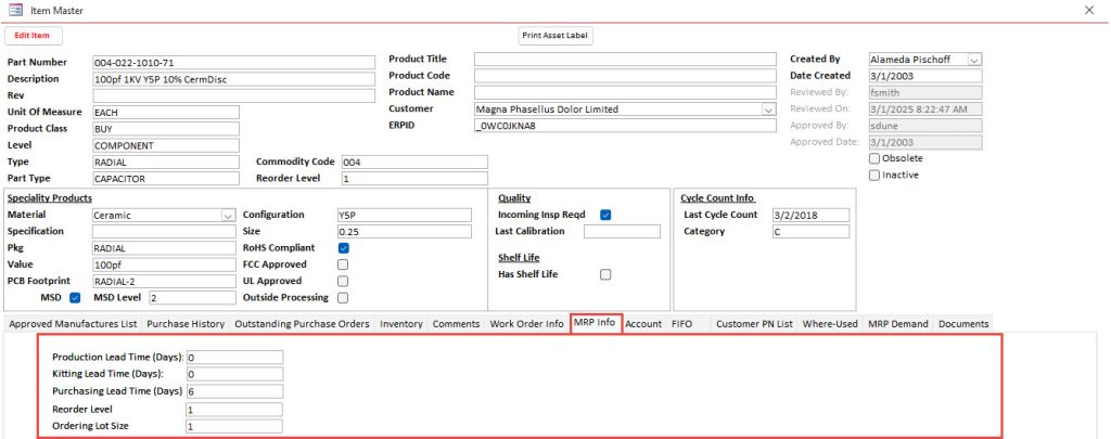 Item Data MRP Material Requirements Planning