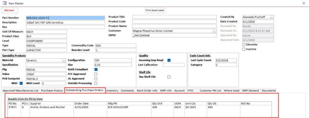 Item Data Open Purchase Orders