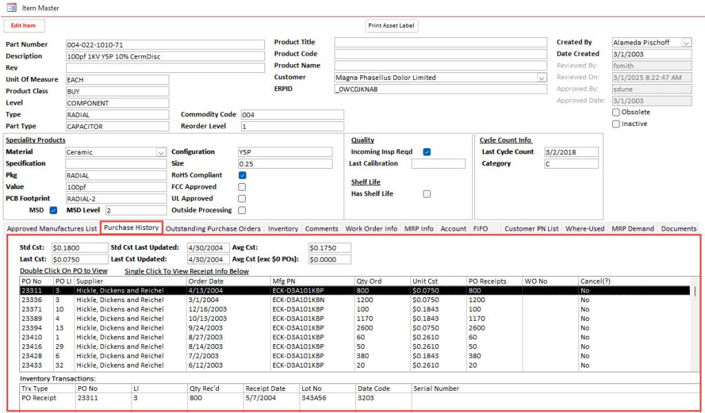 Part Purchase History Data