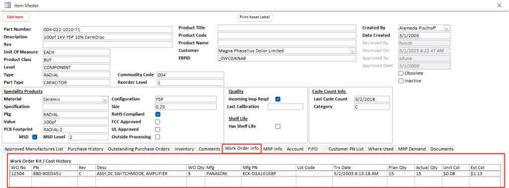 Item Data Work Order History