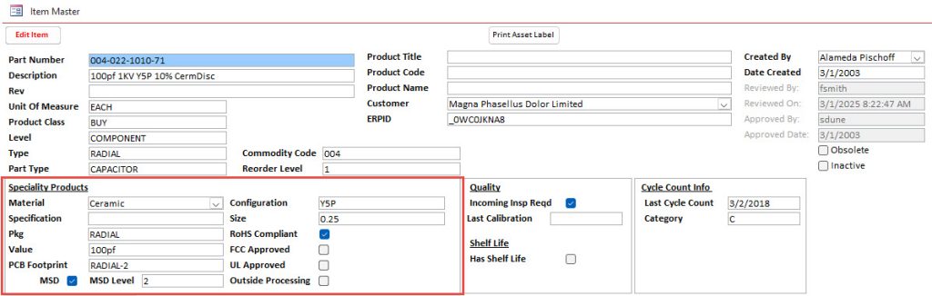 Item Part Data Specialty Products