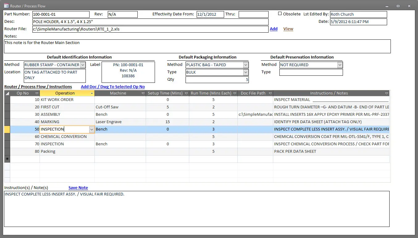 SimpleManufacturing Router Details In Manufacturing Software