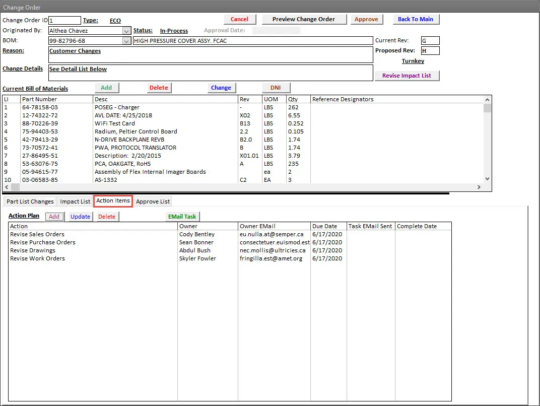 SimpleManufacturing Engineering Change Order Action Items
