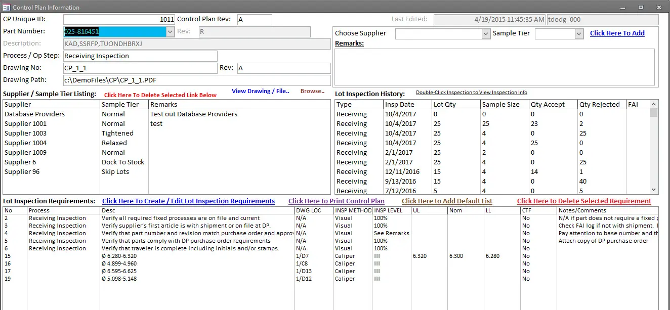 SimpleManufacturing Inspection and Control Plan Details
