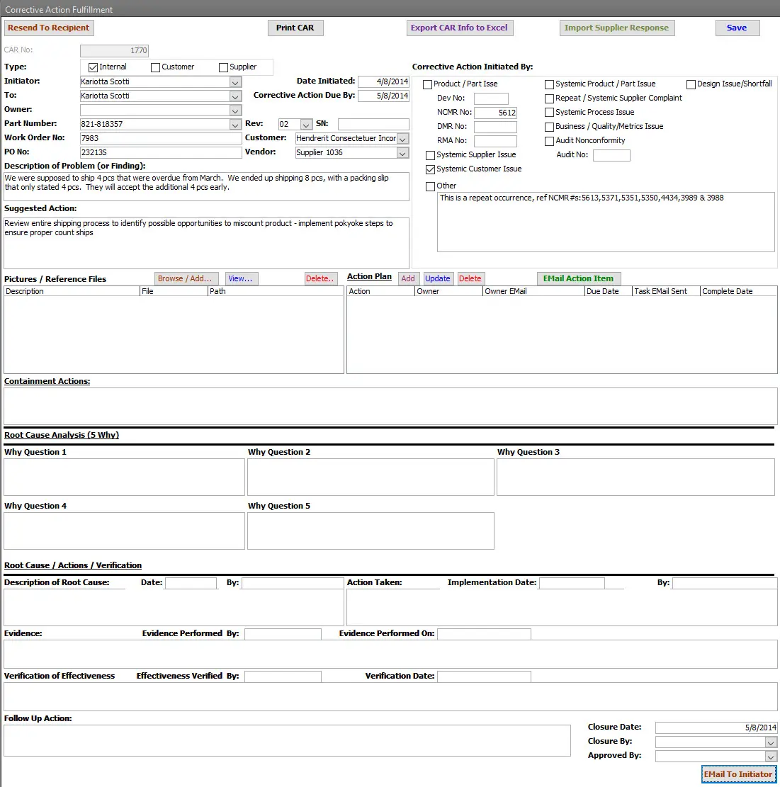 SimpleManufacturing Corrective Action Details