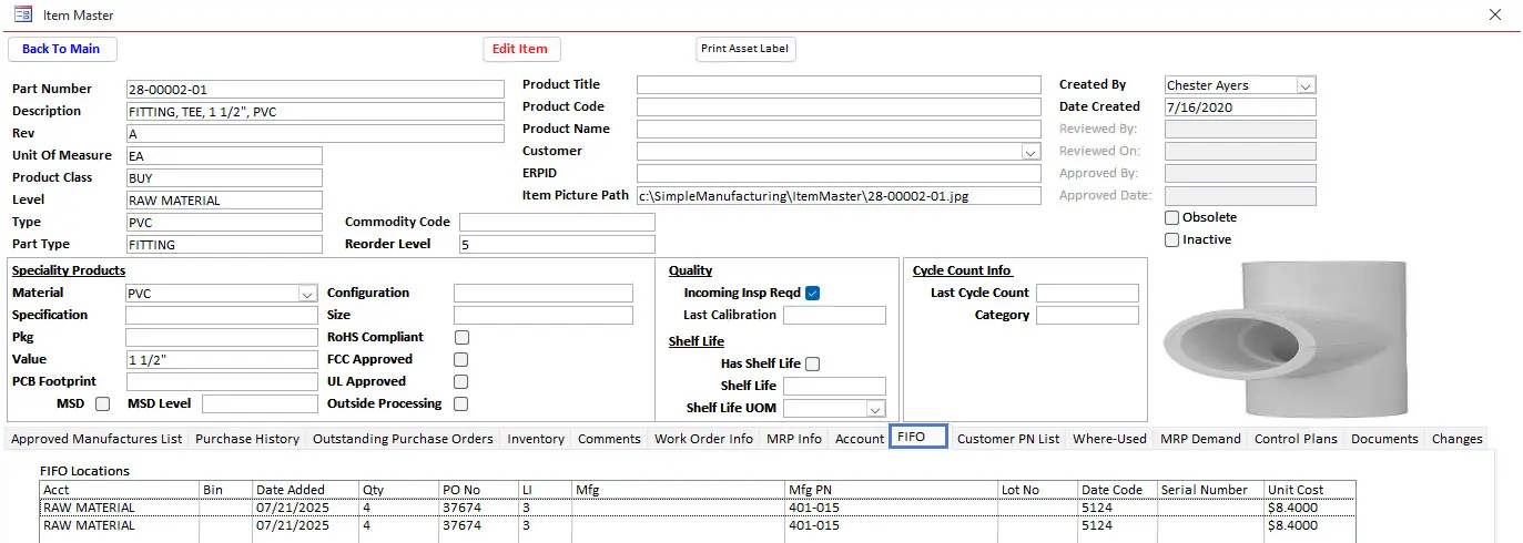 Item FIFO (First-In / First-Out) Inventory