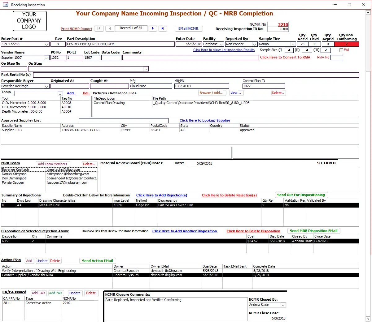 SimpleManufacturing Inspection and NonConforming Material Details