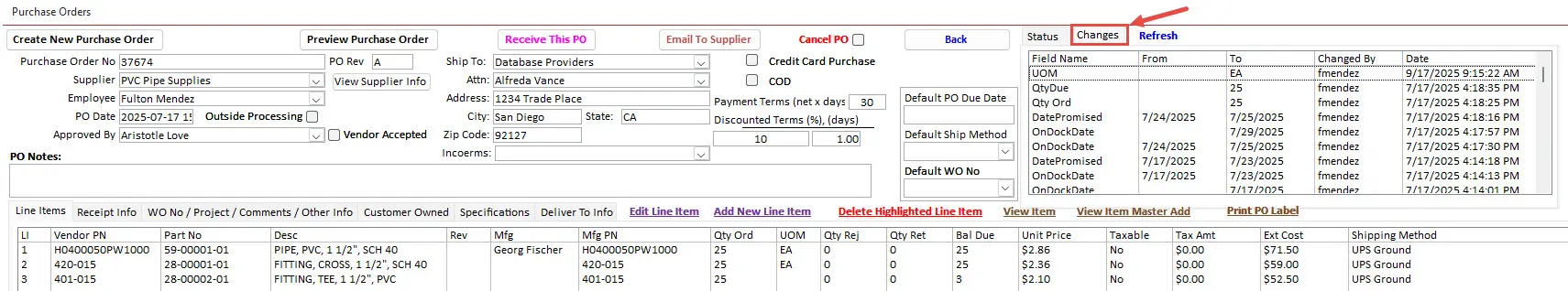 Purchase Order Change Tracking in Manufacturing