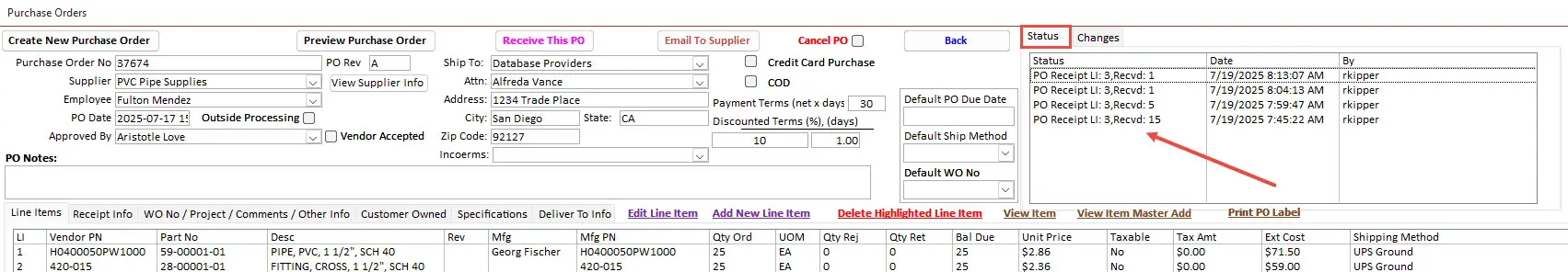 Purchase Order Status in Manufacturing