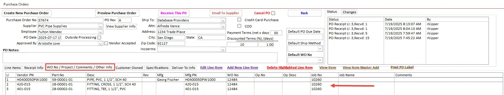 Purchase Order Work Order Job Number Linking in Manufacturing