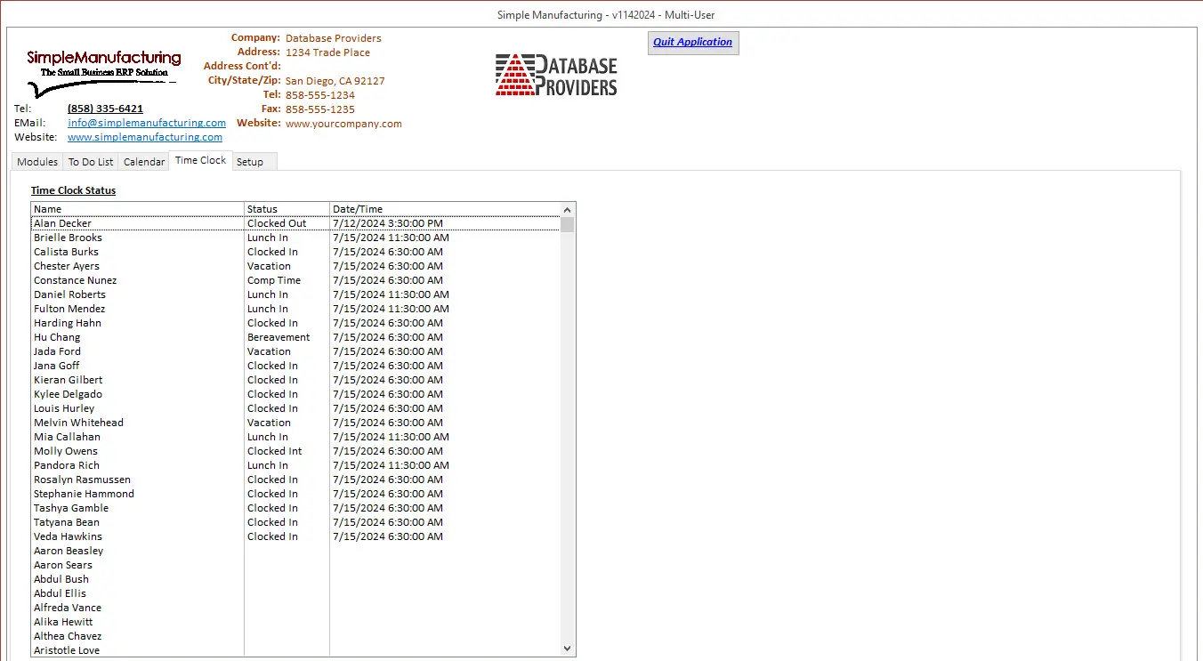 SimpleManufacturing Real-Time Time Clock Status