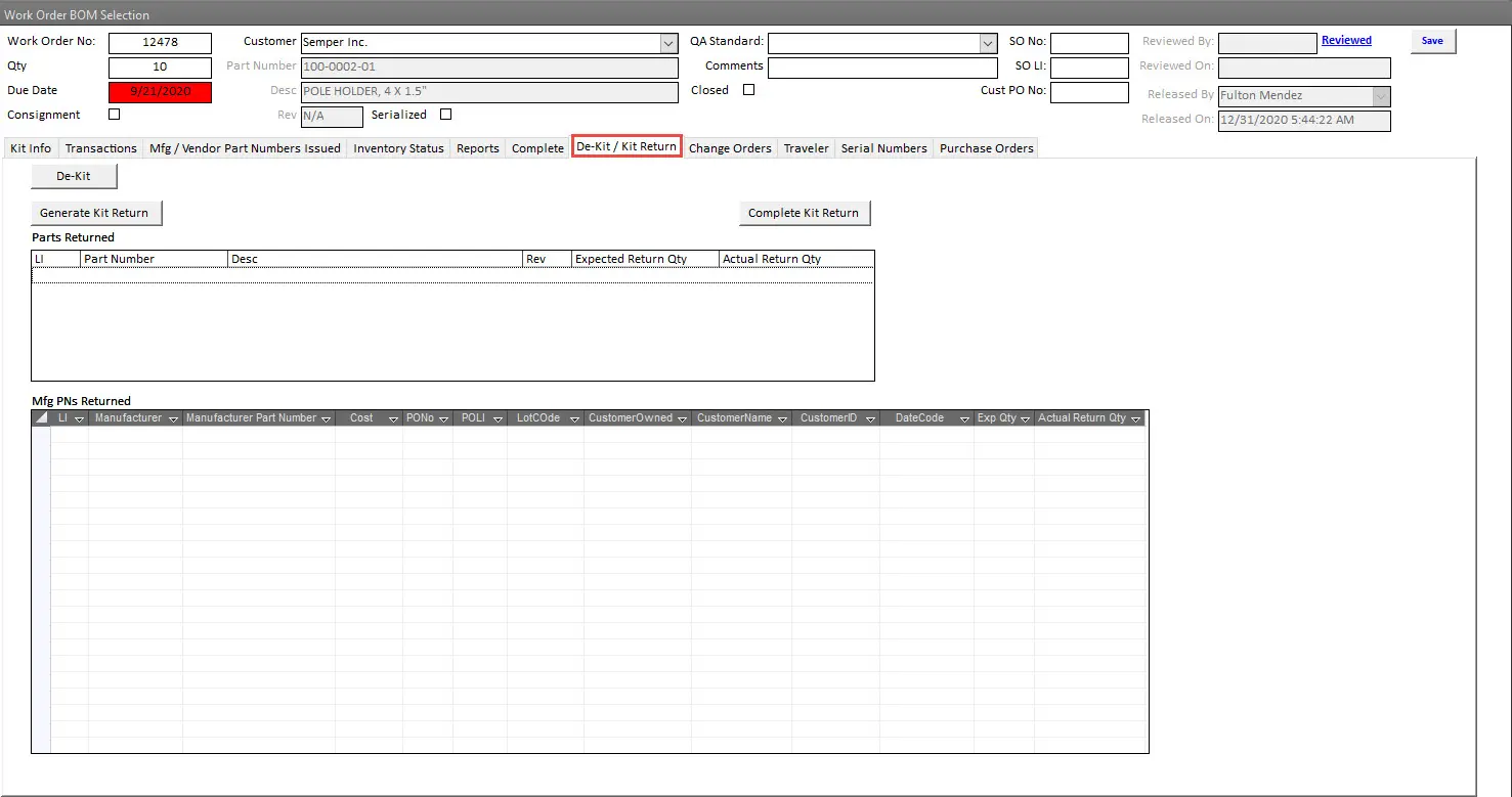 SimpleManufacturing Shop Floor Work Order Dekit Material Return