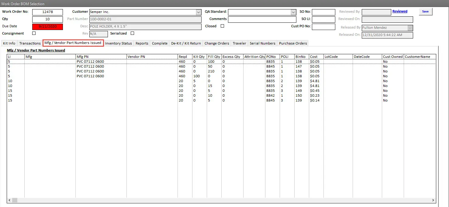 SimpleManufacturing Shop Floor Work Order Vendor Part Numbers