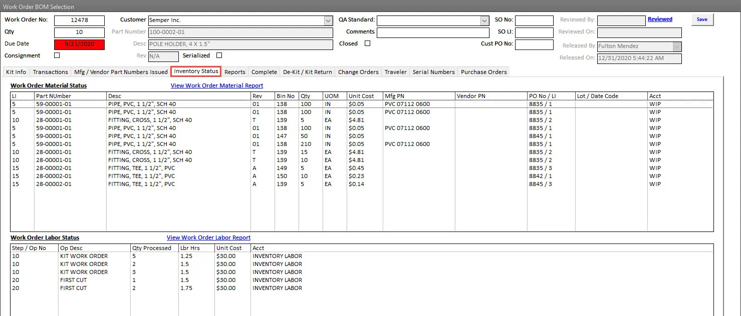 SimpleManufacturing Shop Floor Work Order Inventory