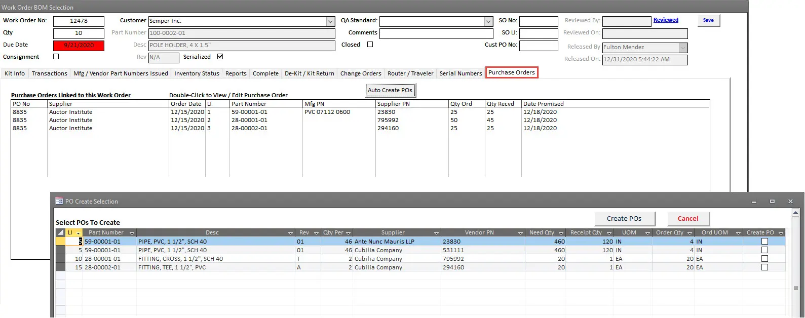 SimpleManufacturing Shop Floor Work Order Material Purchase Orders