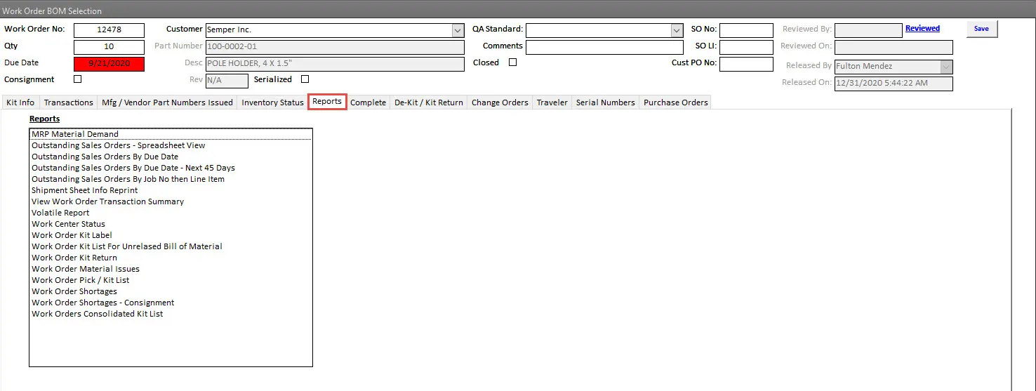 SimpleManufacturing Shop Floor Work Order Reports