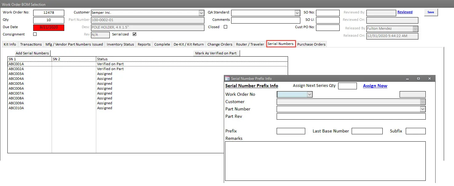 SimpleManufacturing Shop Floor Work Order Serial Numbers Traceability