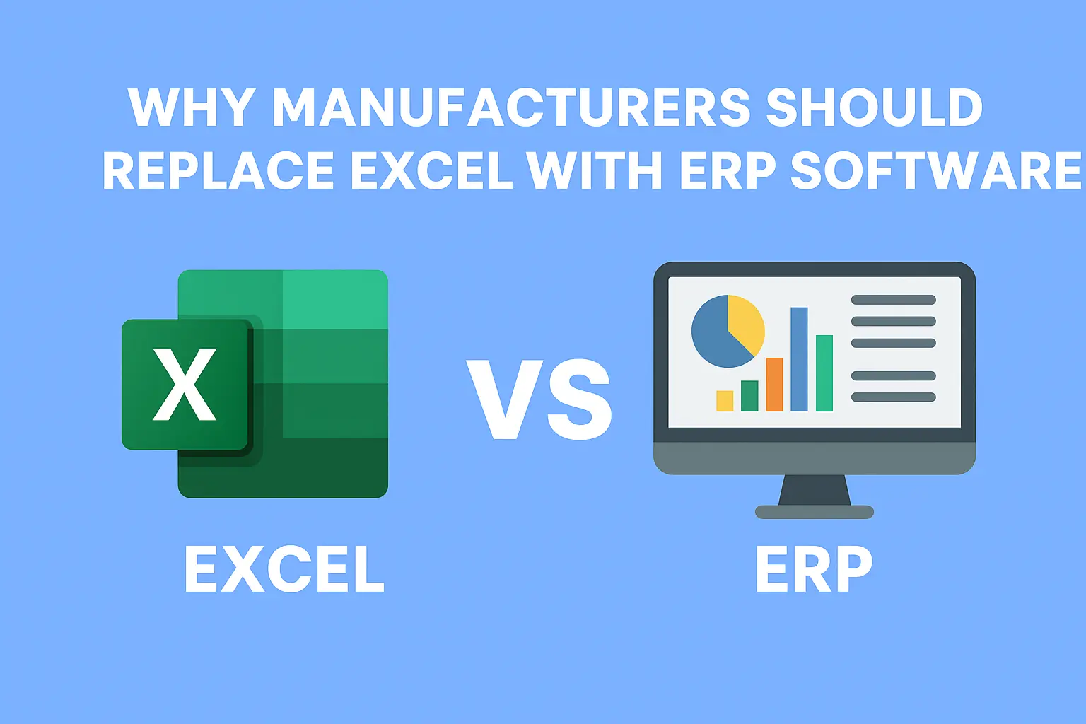 Infographic comparing ERP and Excel for manufacturing: accuracy, scalability, compliance, collaboration