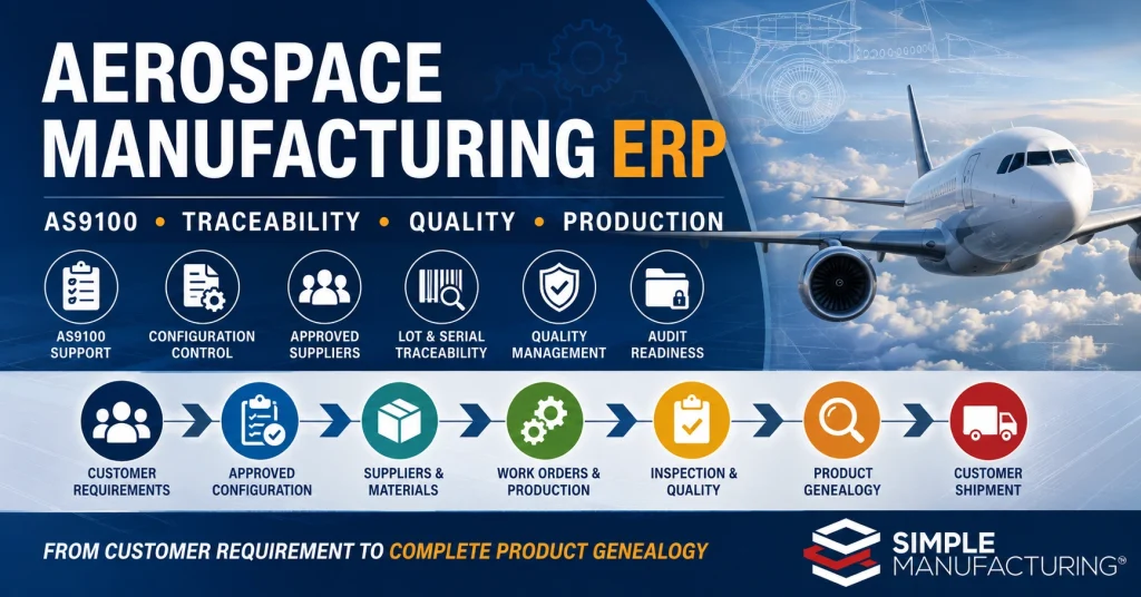 Aerospace manufacturing ERP requirements including AS9100 quality management, lot and serial traceability, supplier controls, Work Orders, inspections, document control, and audit readiness