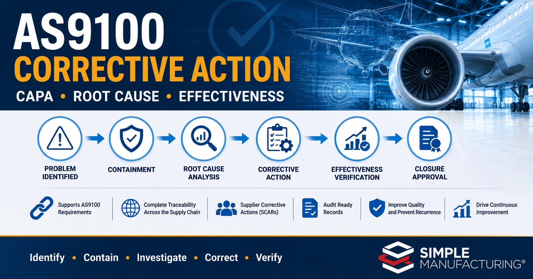 AS9100 corrective action management software connecting nonconformance, containment, root cause analysis, corrective action, effectiveness verification, supplier quality, and audit readiness