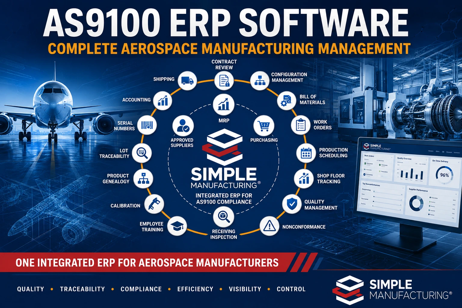 AS9100 ERP software connecting aerospace manufacturing, quality management, traceability, corrective action, MRP, Work Orders, supplier management, document control, and audit readiness