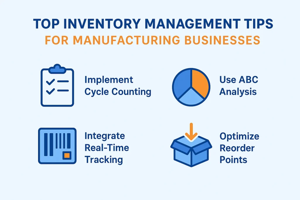 Inventory management best practices for manufacturers including cycle counting, ABC analysis, barcode tracking, reorder points, FIFO, MRP, and inventory accuracy