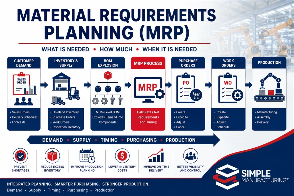 Material Requirements Planning connecting customer demand, inventory, Bills of Materials, purchasing, Work Orders, and production scheduling