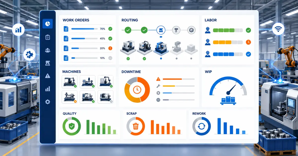 Shop floor tracking software showing Work Orders, routing progress, labor, machines, downtime, WIP, and production status
